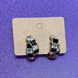 Gold-Tone Hoop Earrings w/ Black & Clear Square Stones
